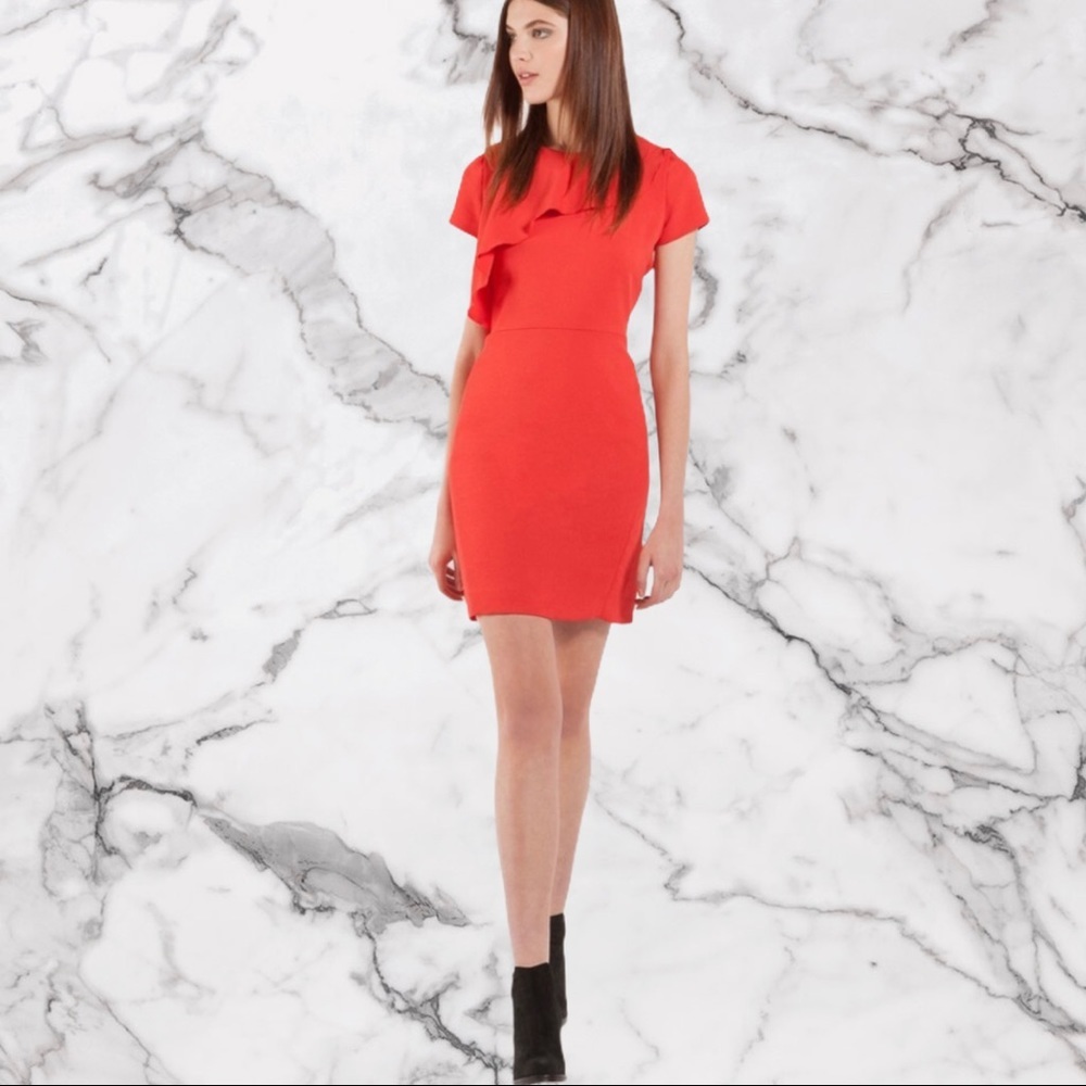 Maje Fanny Asymmetrical Flounce Sheath Dress red